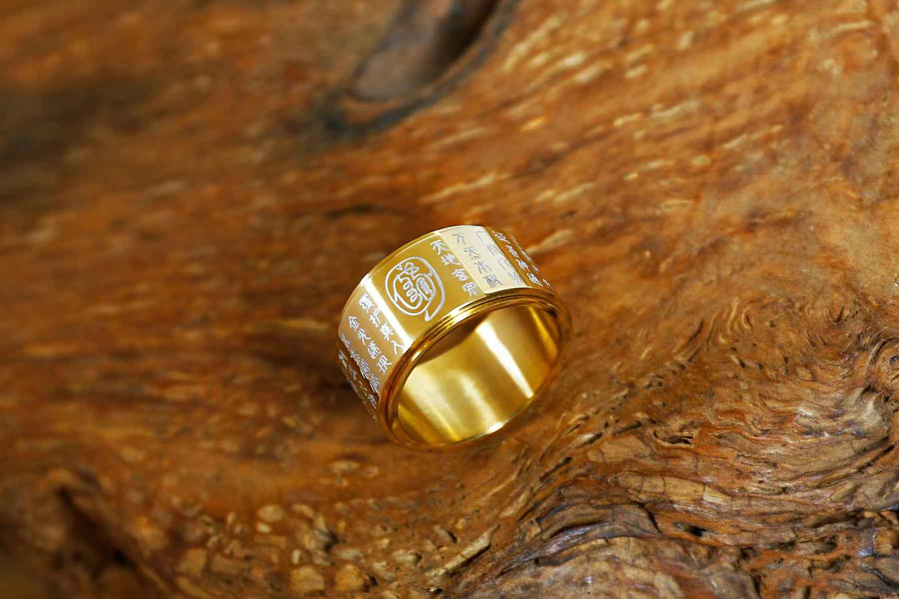 Golden Radiance Tungsten Ring - Engraved Taoist Mantra Jewelry (19mm Inner Diameter)